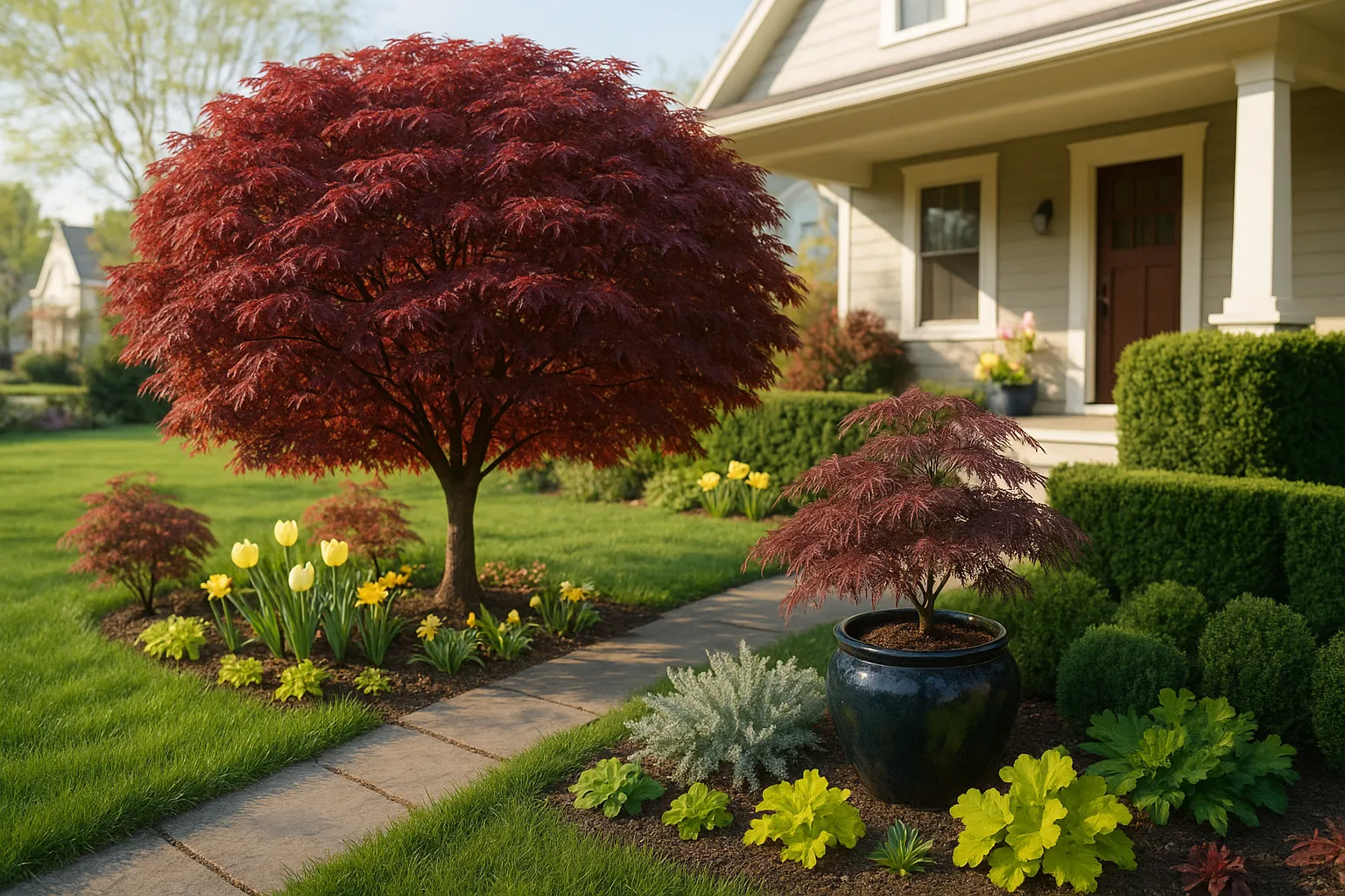 Bloodgood maple by a path with container Atropurpureum and contrasting plants.
