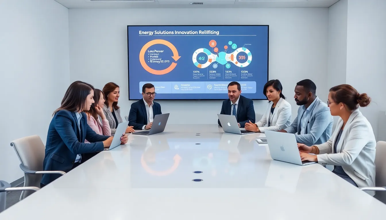 diverse team collaborating on energy solutions in a modern office.
