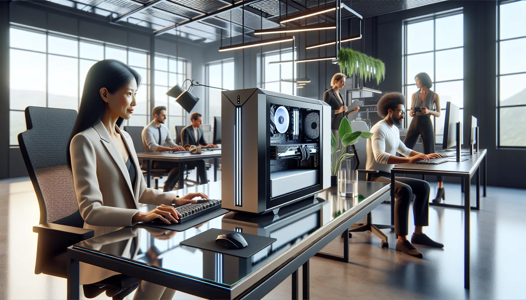 Doayods PC showcased in a modern office with professionals engaging in various tasks.