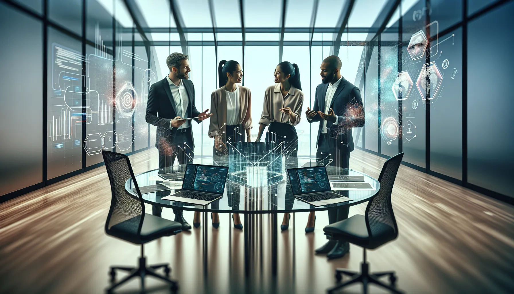 diverse professionals discussing technology in a modern office.