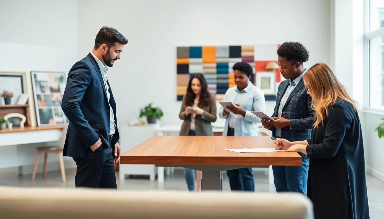 diverse team discussing furniture restoration options in a modern office.
