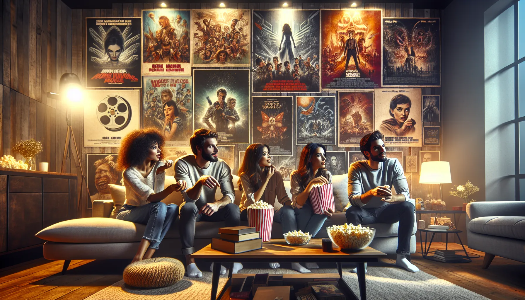 diverse group enjoying movies in a modern living room.