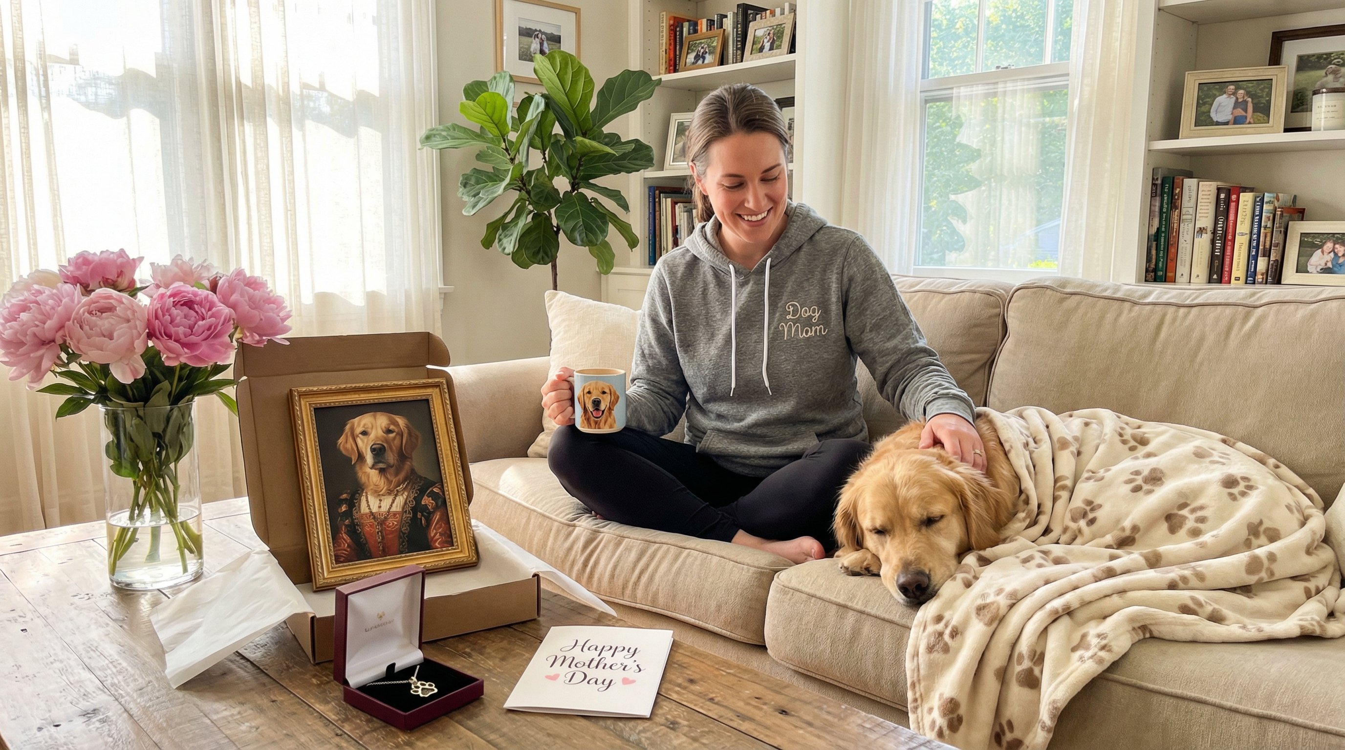Dog mom on couch with golden retriever surrounded by personalized Mother's Day gifts.