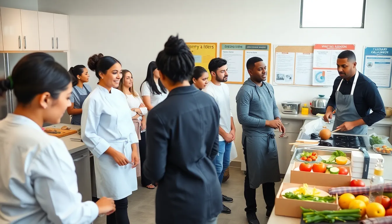 diverse culinary students learning in a modern kitchen classroom.