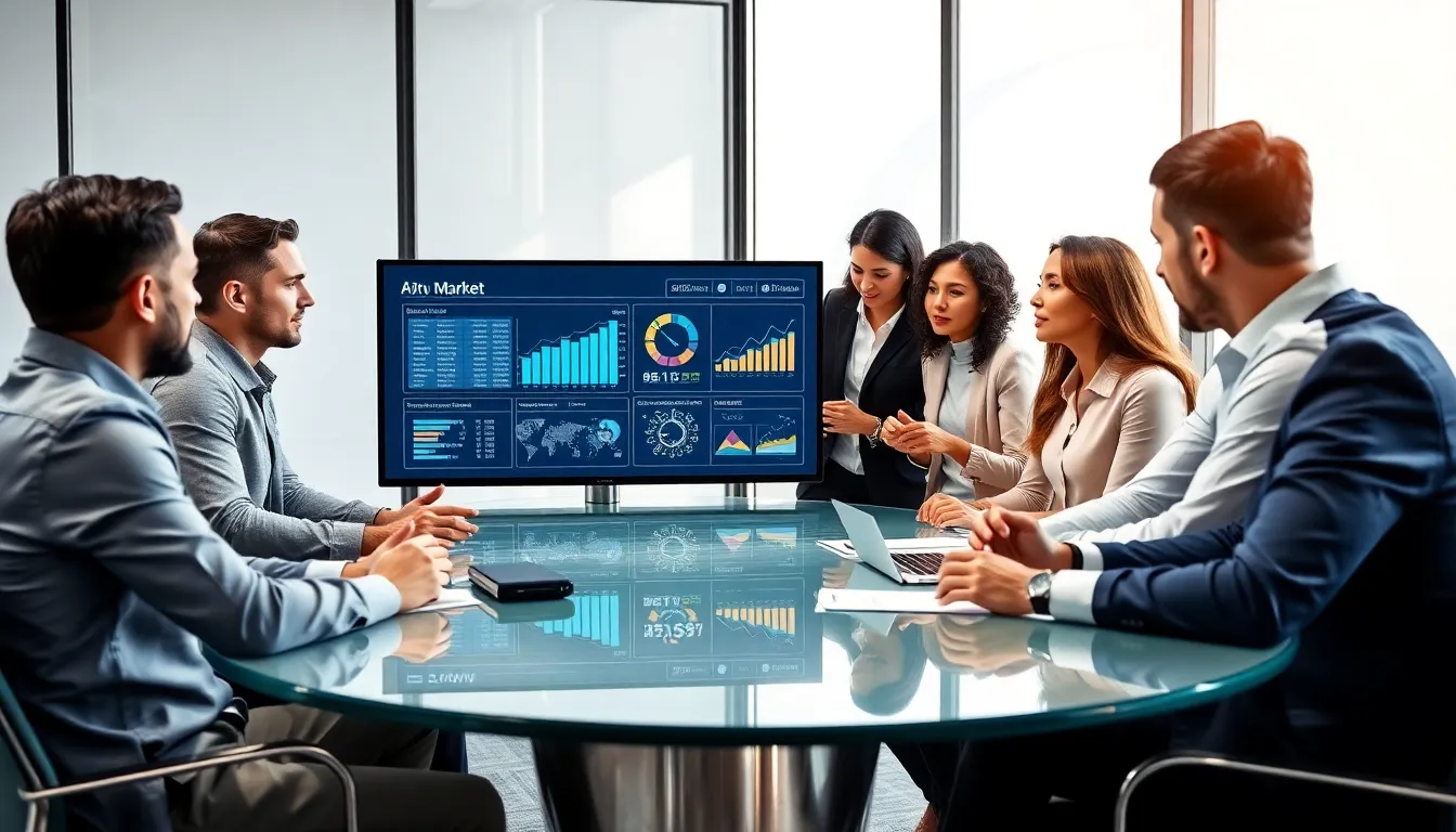 diverse team discussing market insights in a modern office.