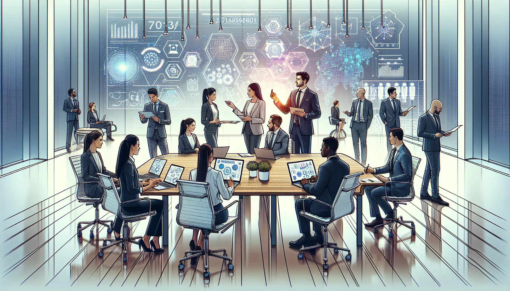 diverse professionals discussing data technology in a modern office.