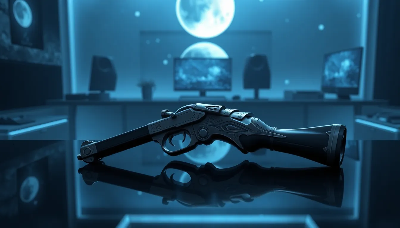 Luna's Howl hand cannon displayed on a sleek reflective surface.