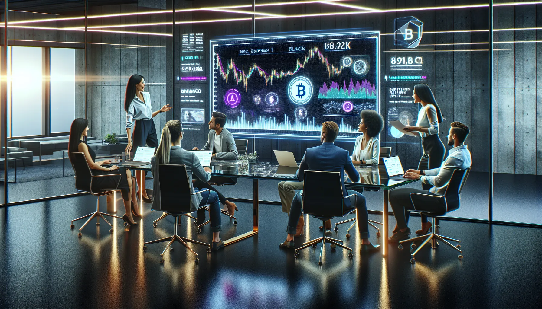 diverse team discussing cryptocurrency in a modern office.