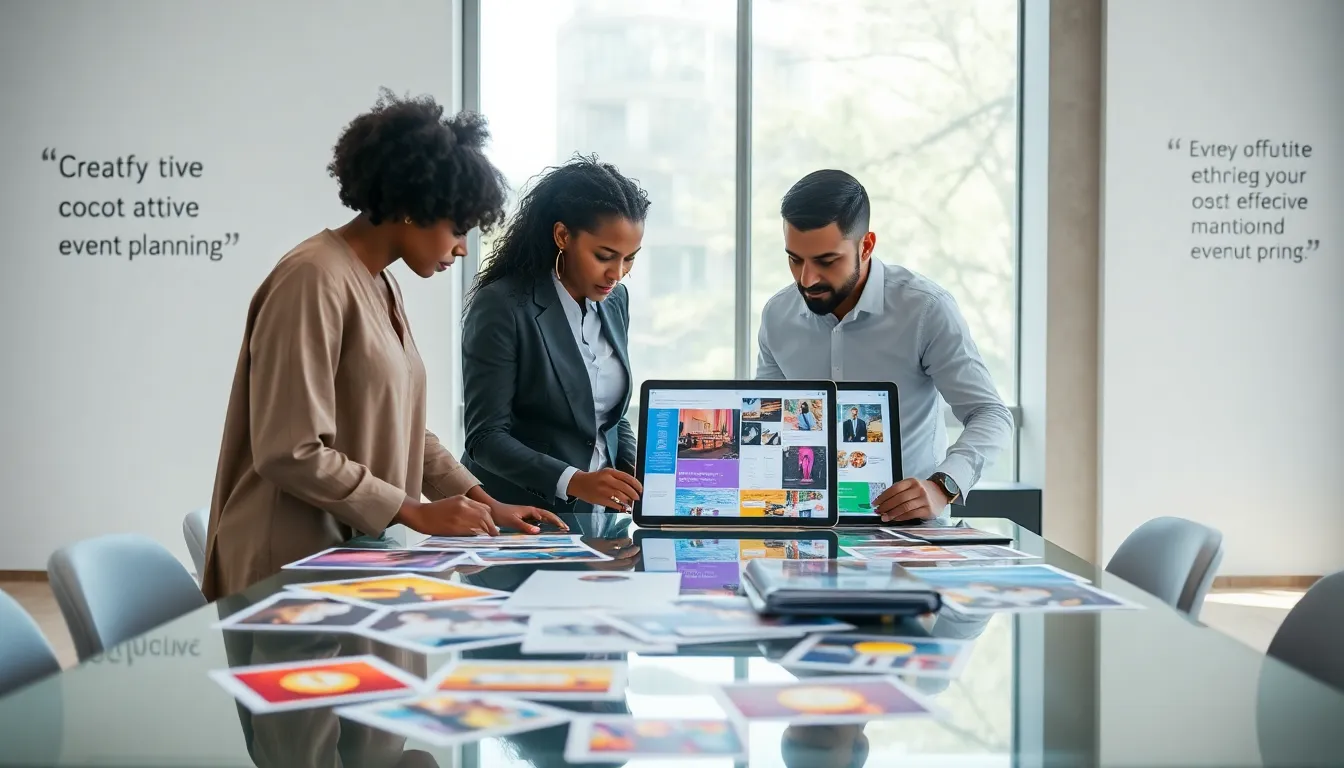 diverse team collaborating on creative event planning in a modern office.