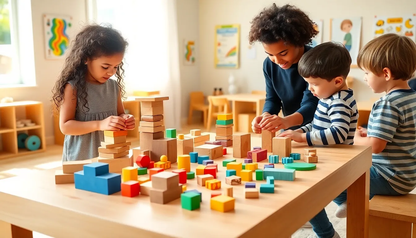 children playing with Montessori toys in a bright playroom.