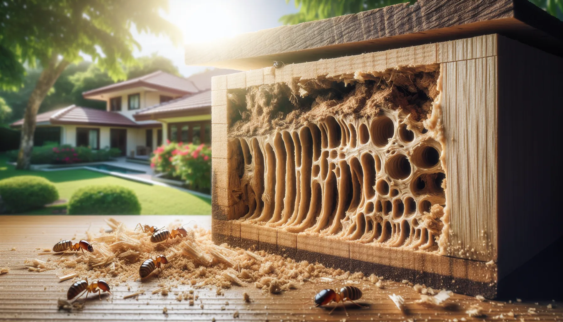 A comparison of termite and carpenter ant damage in wood.