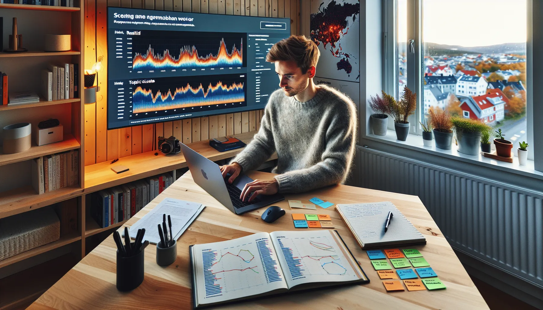 Norwegian marketer analyzing trend graphs and regional heatmaps for SEO planning.