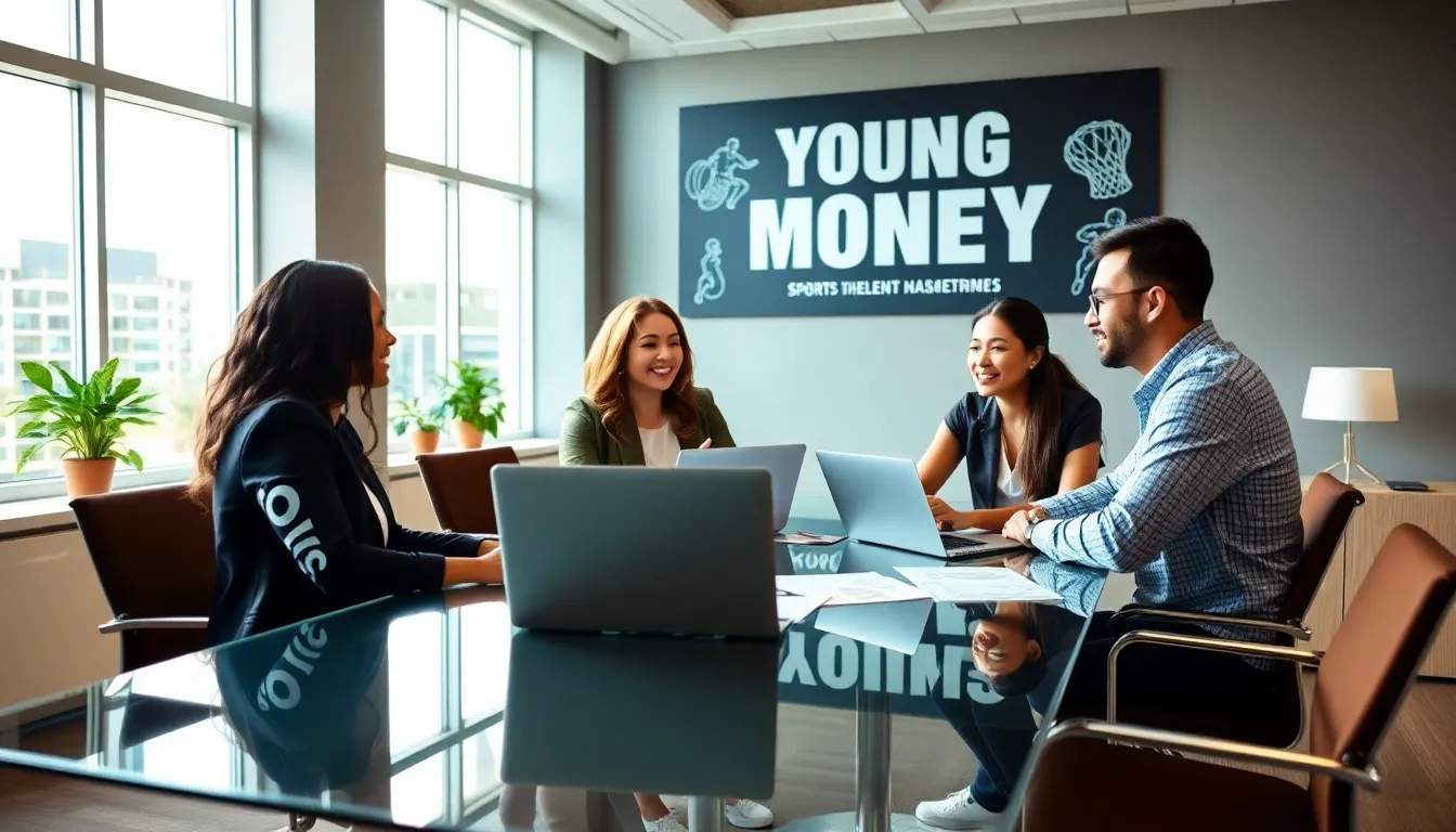 diverse team collaborating in a modern sports management office.