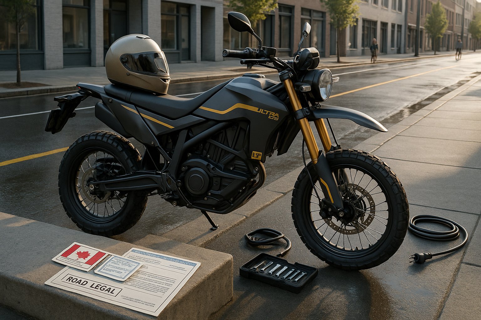Ultra Bee HP electric motorcycle parked on a Canadian city street with helmet and documents.