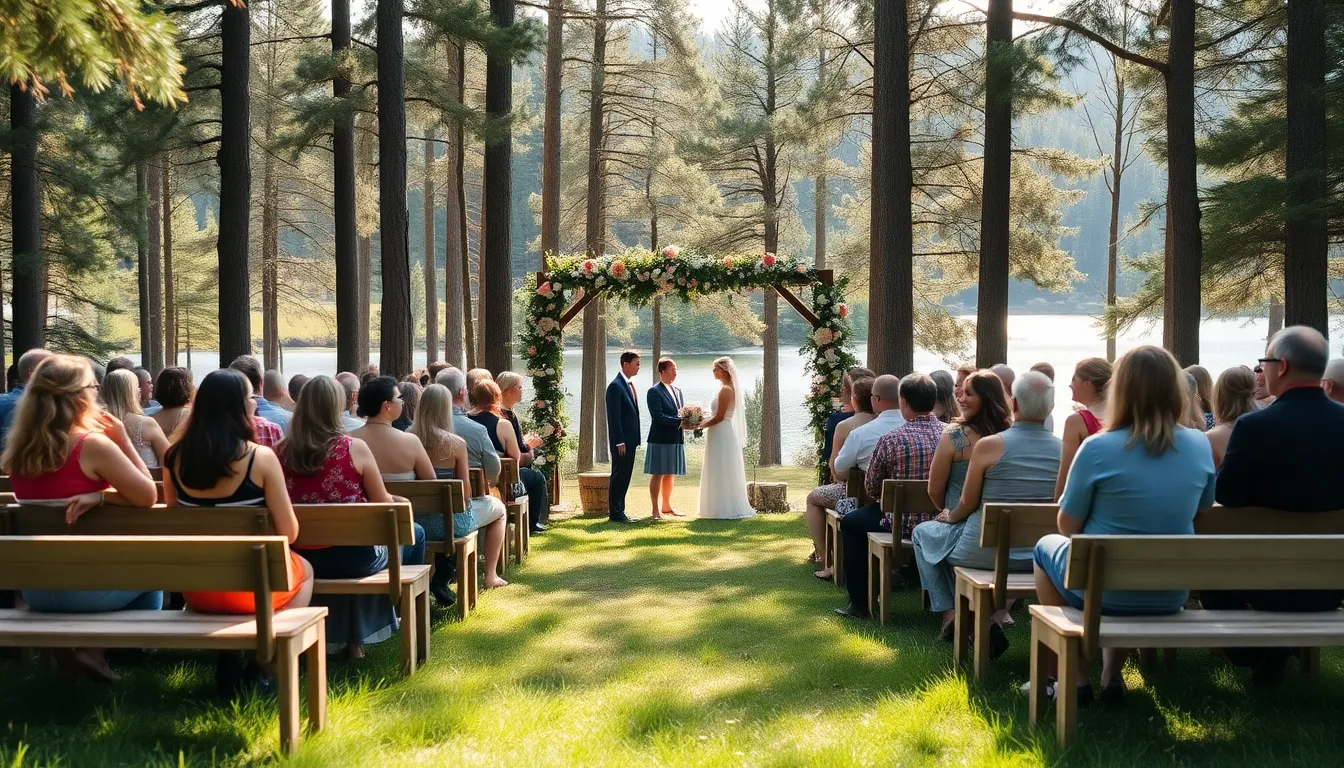 A summer camp wedding scene in a scenic outdoor setting.