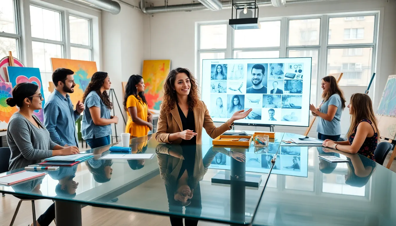 diverse professionals collaborating in a modern creative studio.