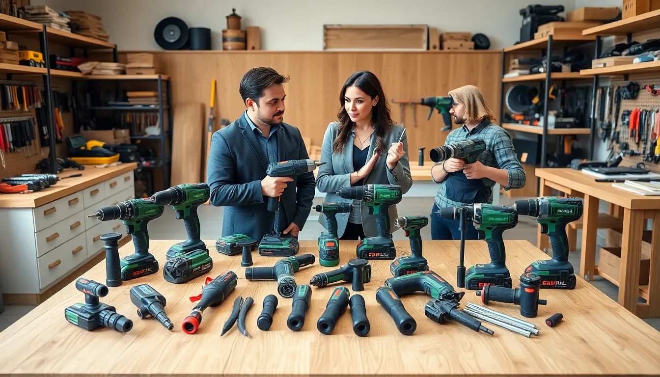professionals discussing power tools in a modern workshop.