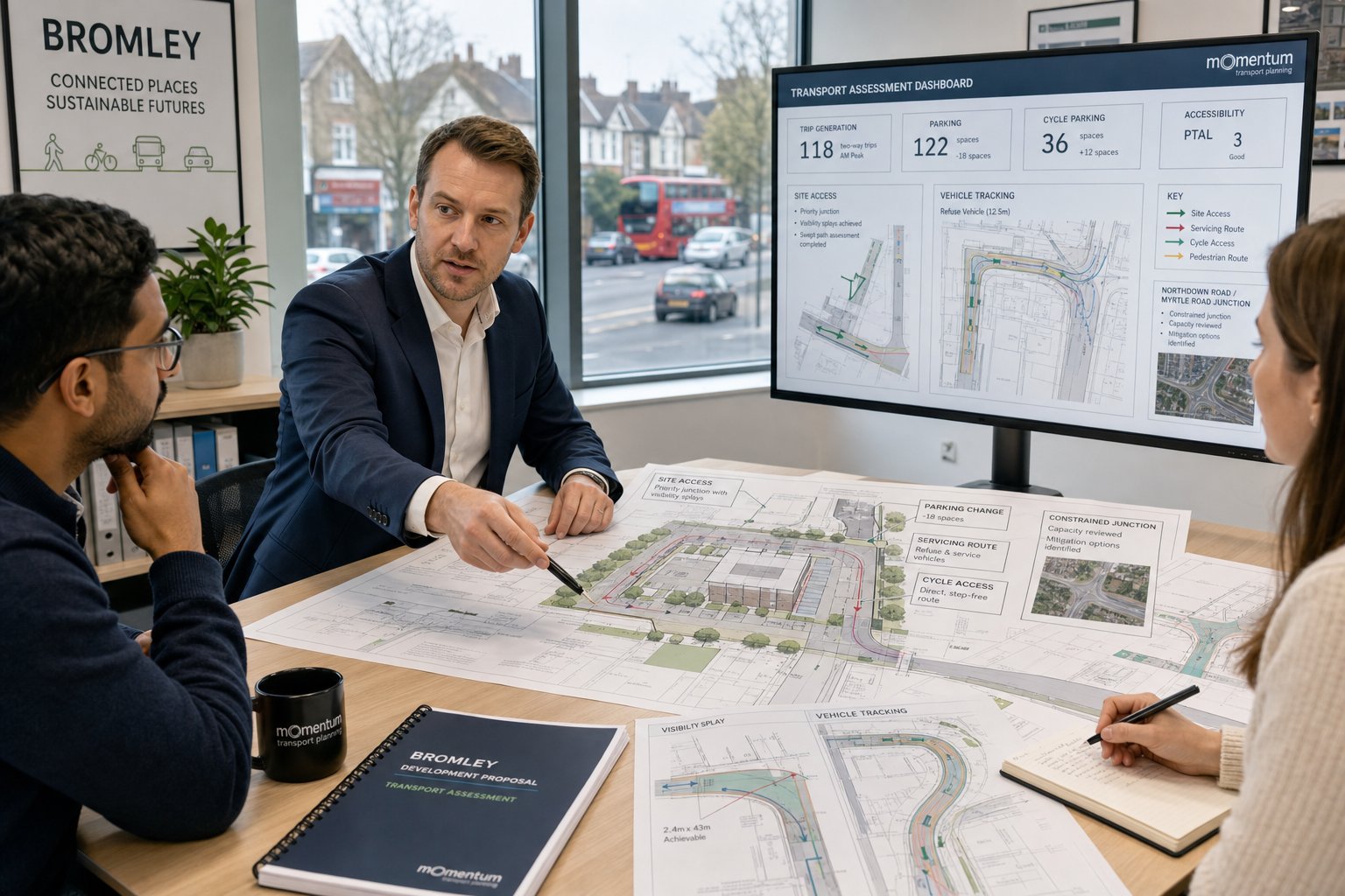 Traffic engineer reviewing a Bromley site plan with a project team.