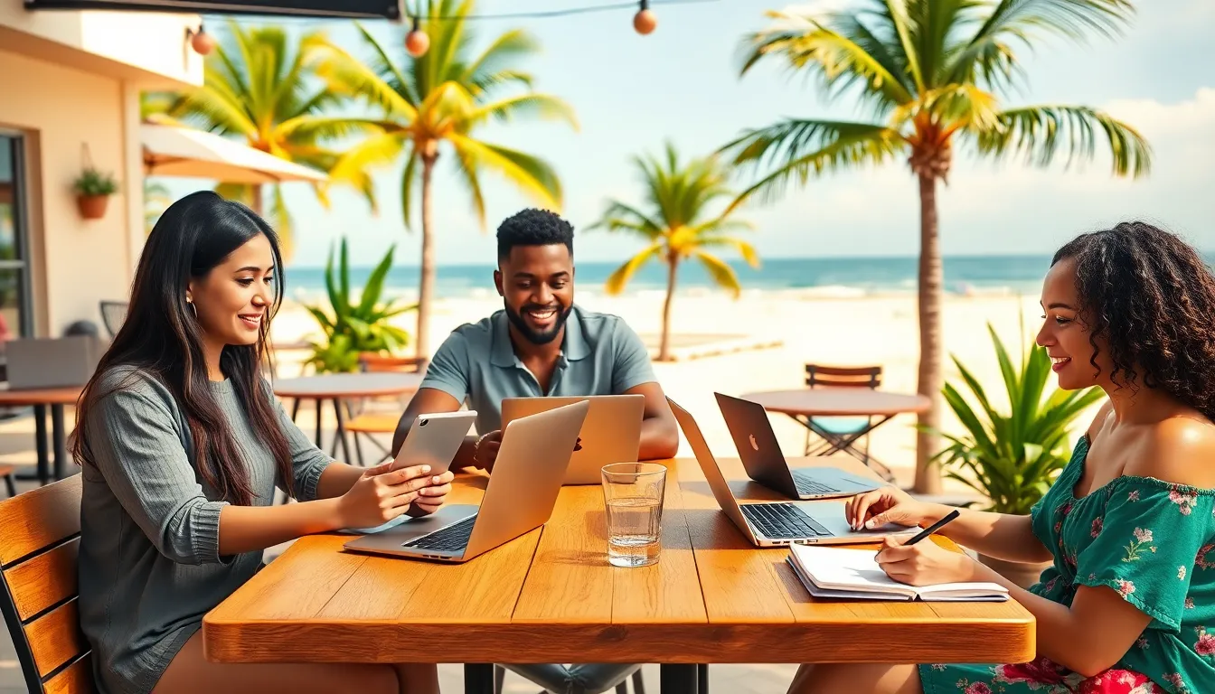 diverse digital nomads working at an outdoor caf&eacute; by the beach.