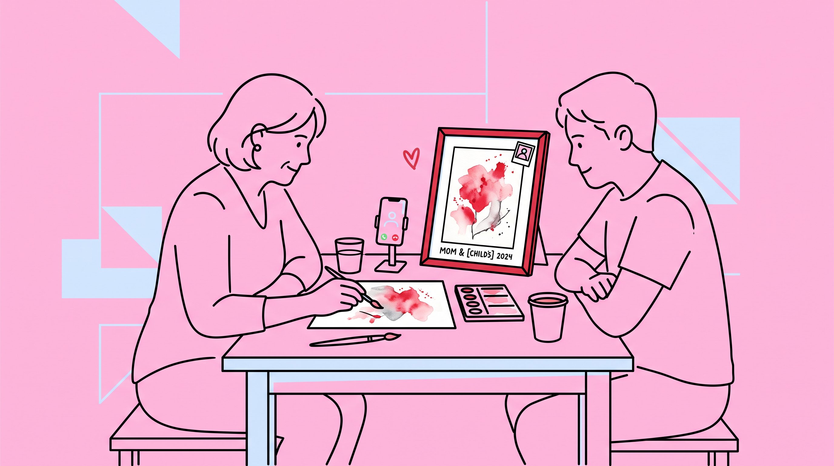 Mother and adult child create and frame artwork together at home.