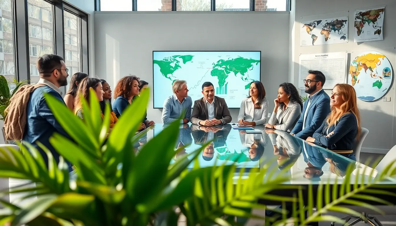 diverse conservation team discussing strategies in a modern office.
