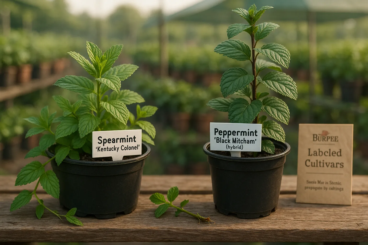 Two labeled mint pots showing spearmint and peppermint contrast