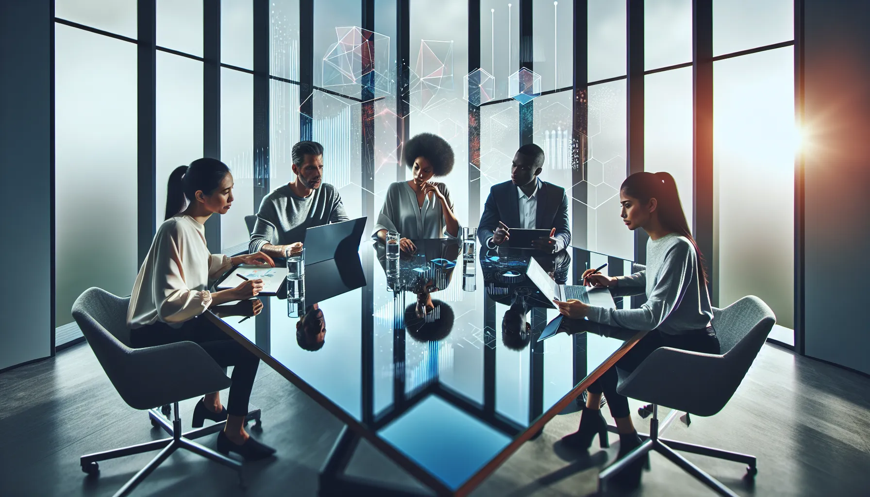 diverse team brainstorming about technological advancements in a bright office.