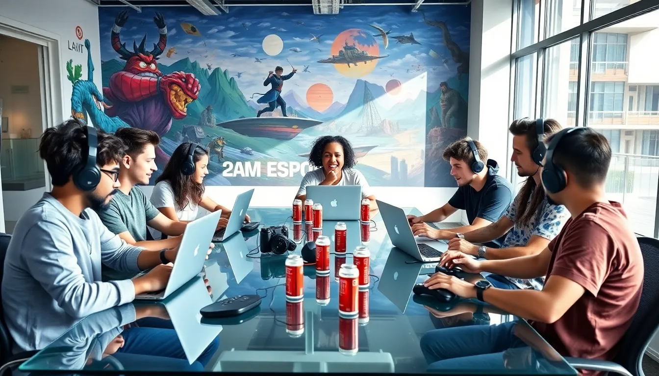 diverse esports team collaborating in a modern office setting.