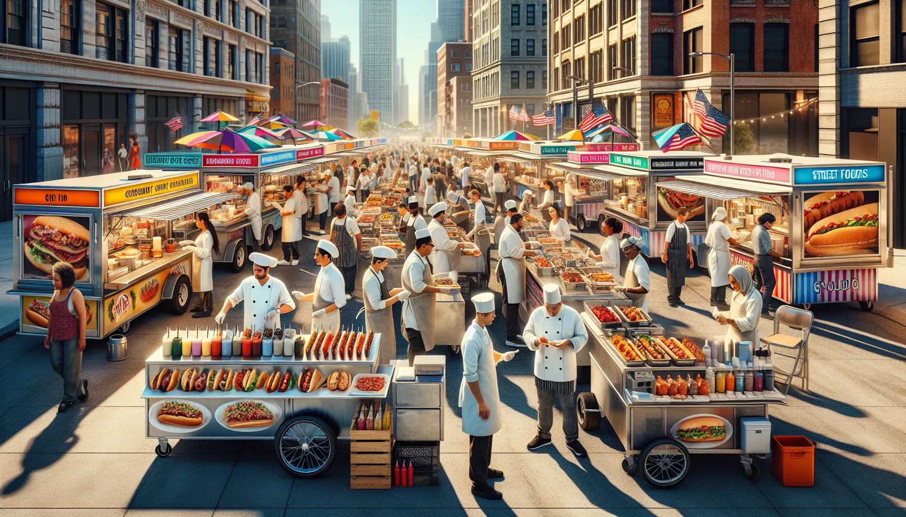 diverse street food vendors serving customers in a vibrant urban setting.