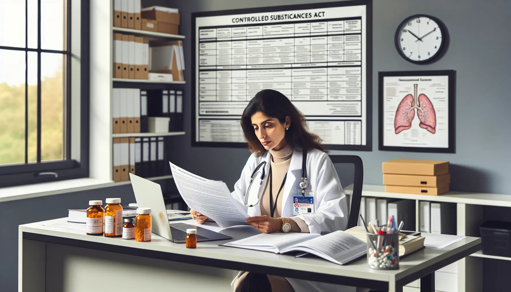 A doctor studying controlled substance regulations in a clinical office.
