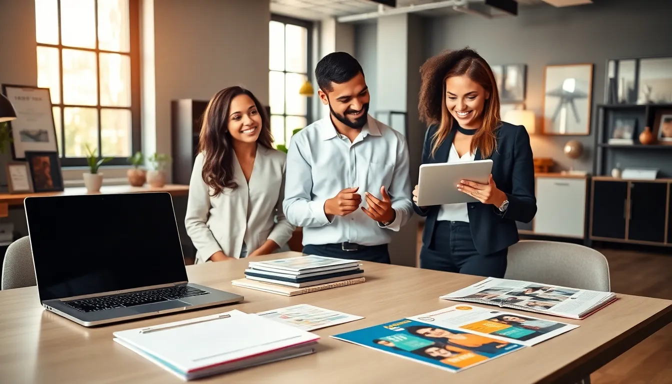 professionals collaborating on event planning in a modern office.