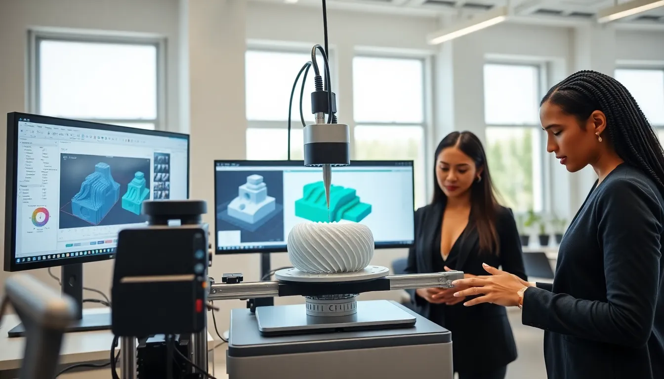 professionals analyzing a 3D printer and CAD designs in a modern office.