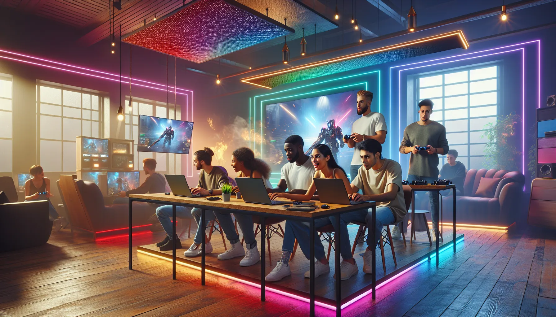 diverse group of gamers collaborating in a vibrant gaming lounge.