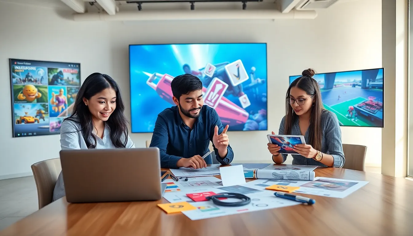 diverse team collaborating on game designs in a modern office.