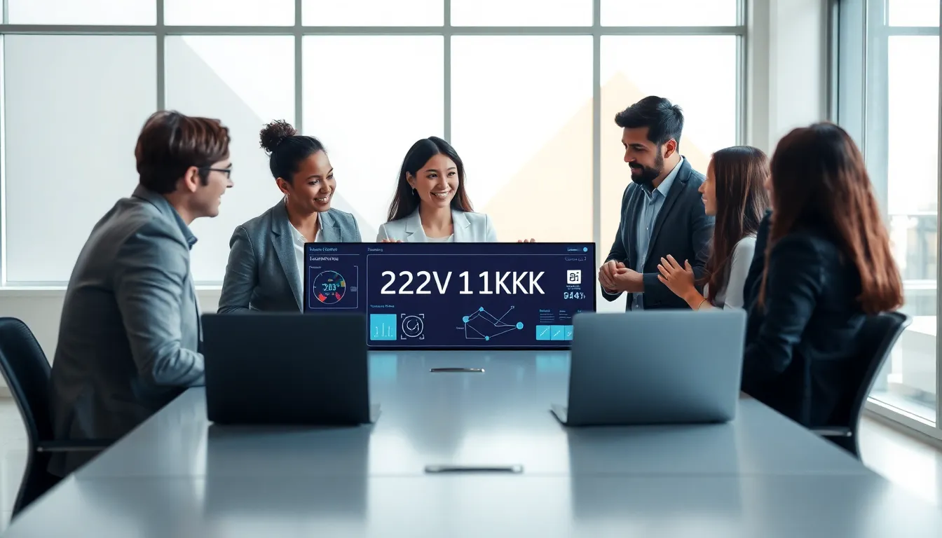 professionals discussing technology at a conference table.