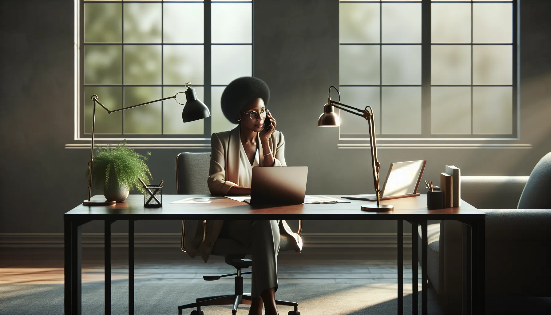 person engaged in a phone call at a modern office desk.