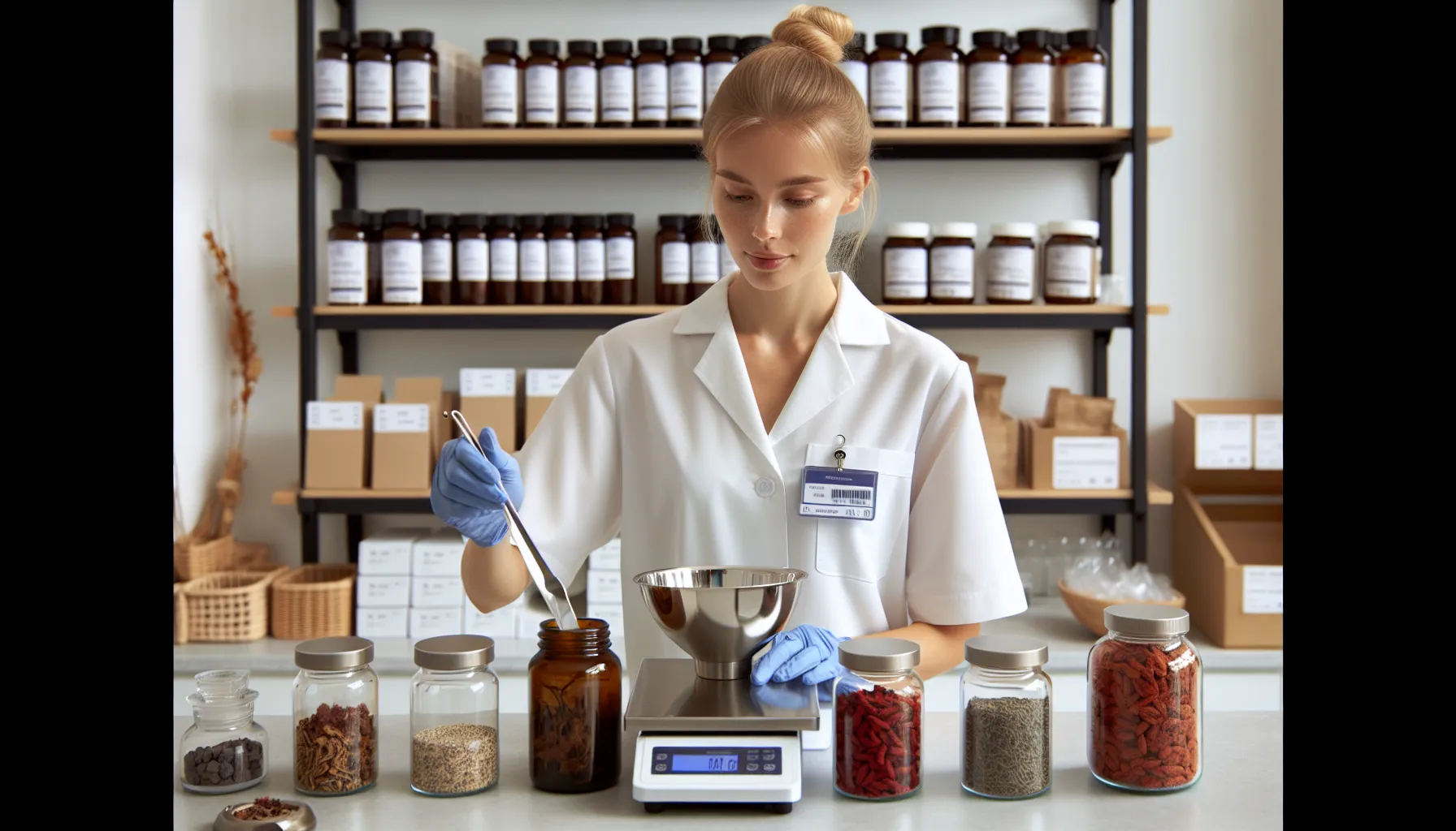 Bruken av tradisjonelle kinesiske urter i moderne helsevesen 2 Norwegian pharmacist weighing chinese herbal granules beside dried roots and lab equipment.