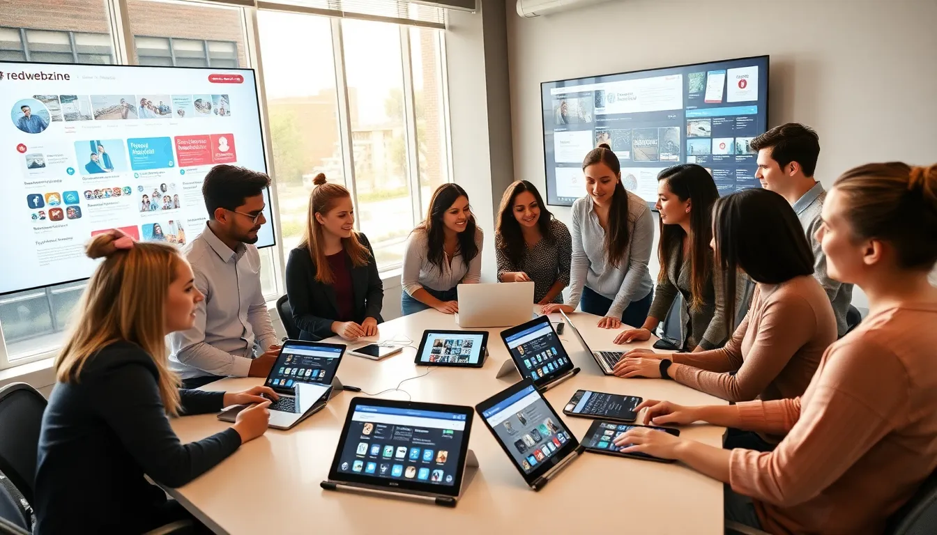 young professionals collaborating on social media strategies in a modern office.