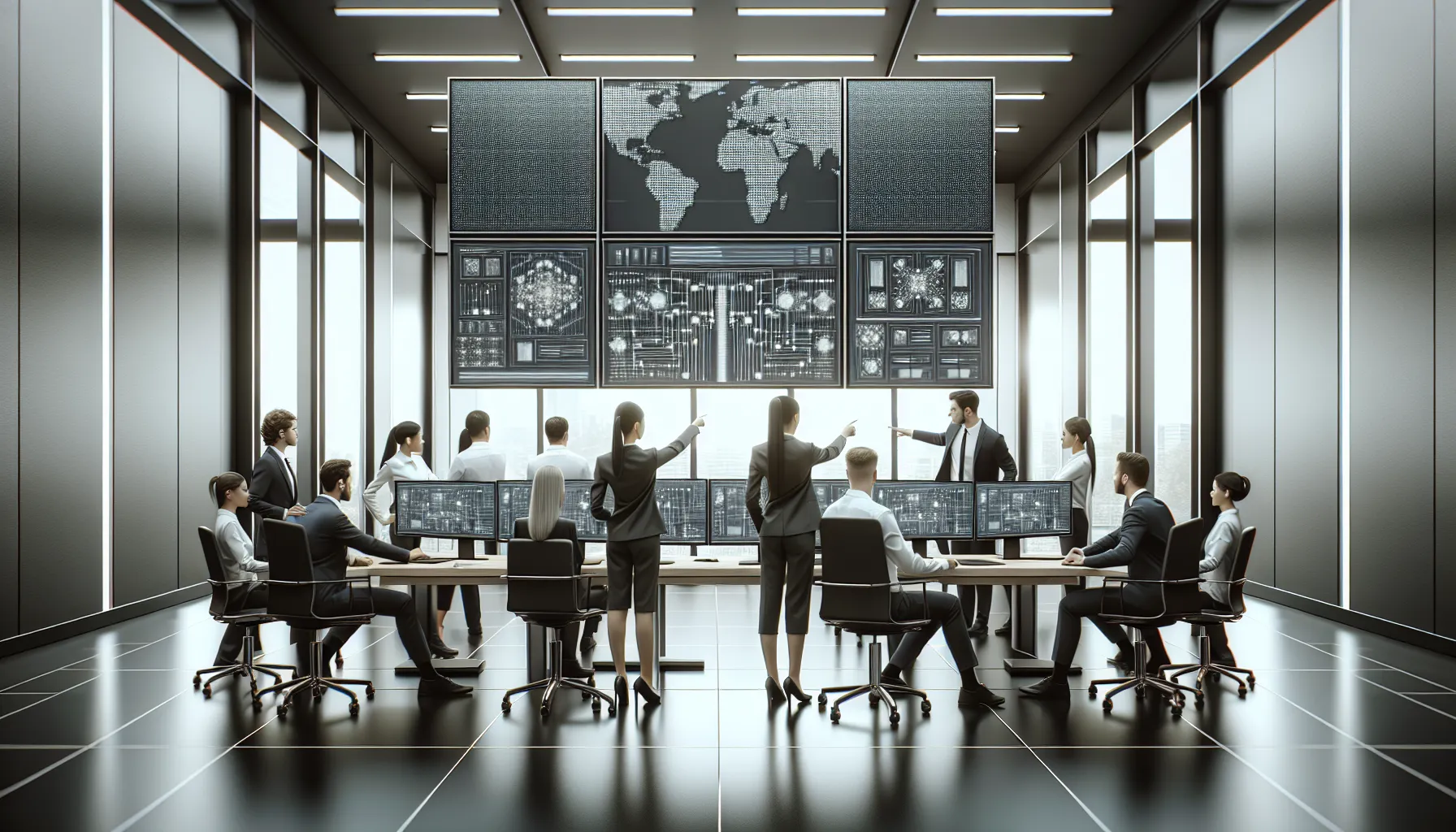 diverse team collaborating in a modern office on computing architecture.