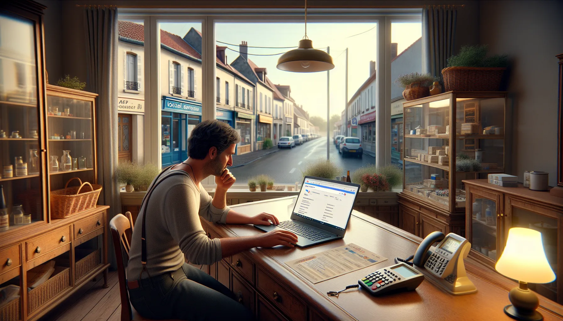 Small shop owner in Coubron checking their business visibility on Google.