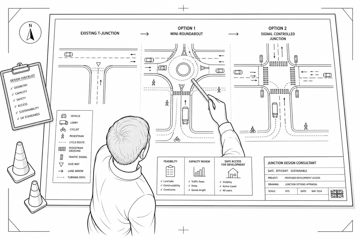 Engineer reviewing a UK road junction plan with access options.