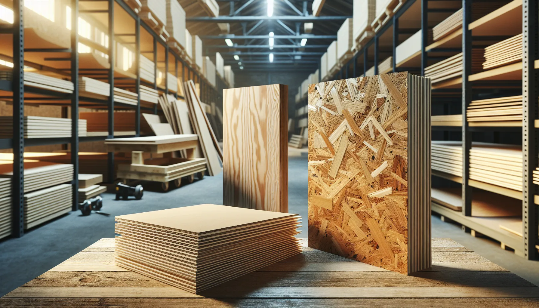 Plywood and OSB boards displayed side-by-side on a workshop table.