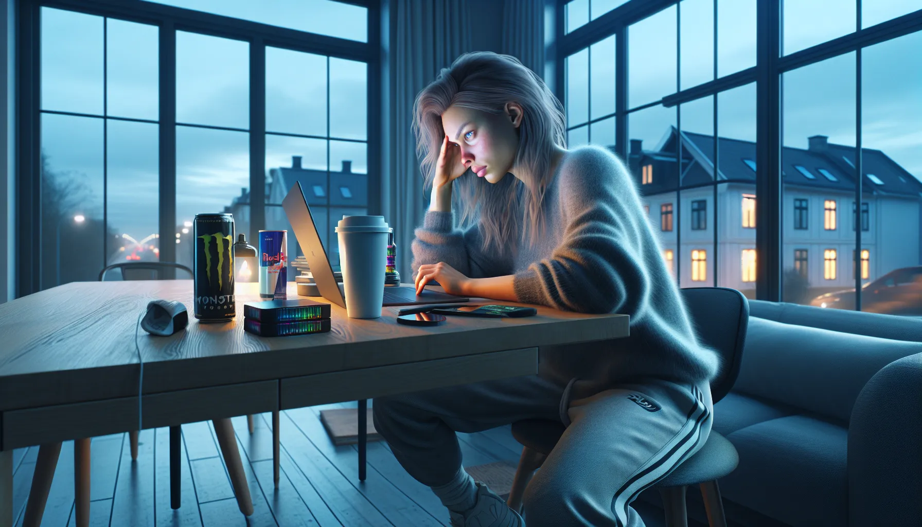 Tired norwegian woman at home office table surrounded by coffee and energy drinks.