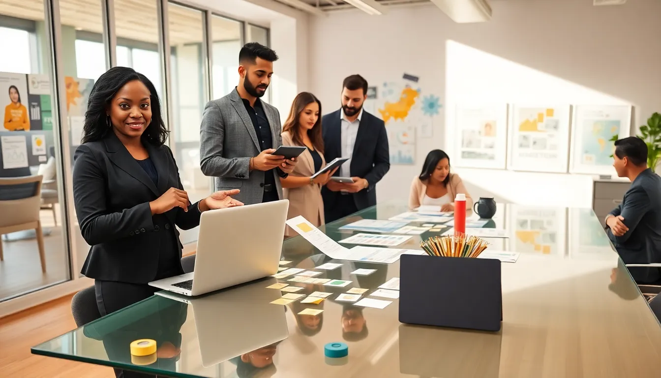 professionals collaborating on digital marketing strategies in a modern office.