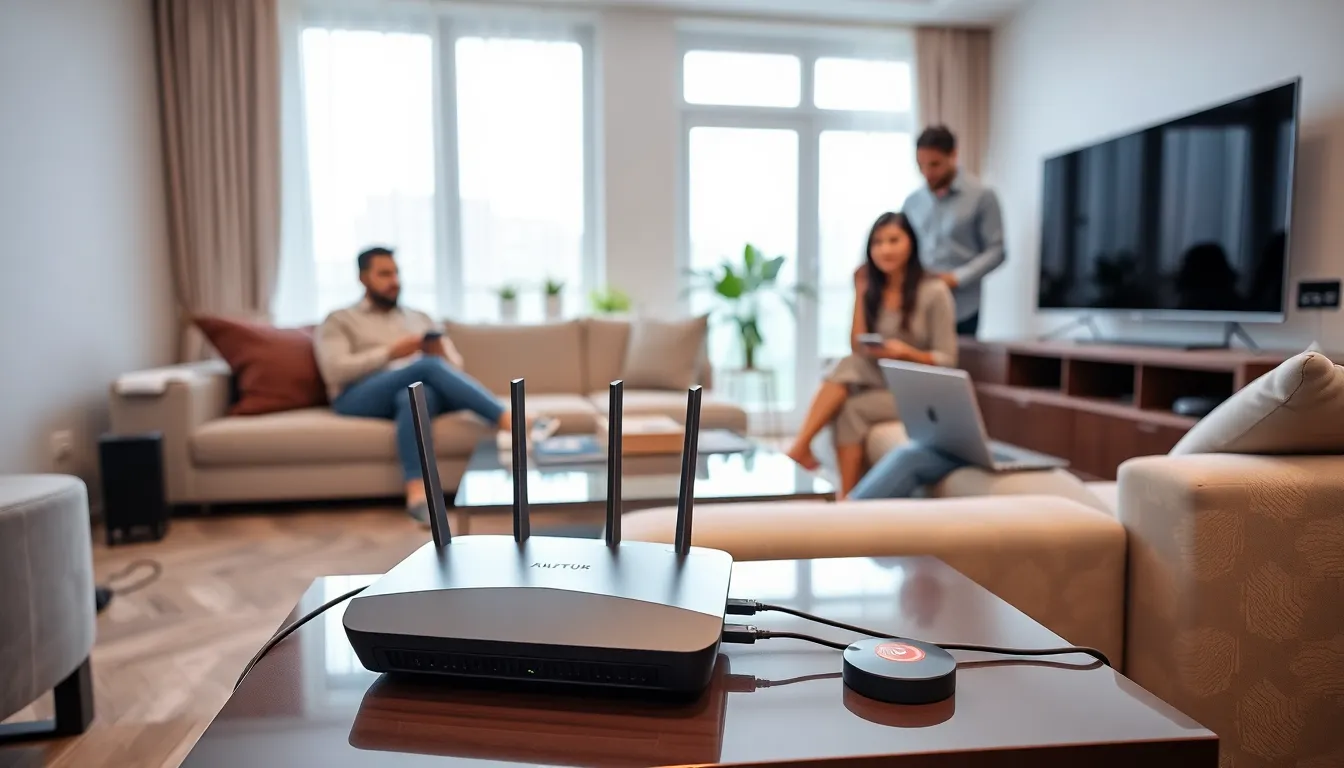 modern living room with home networking devices and professionals engaging.