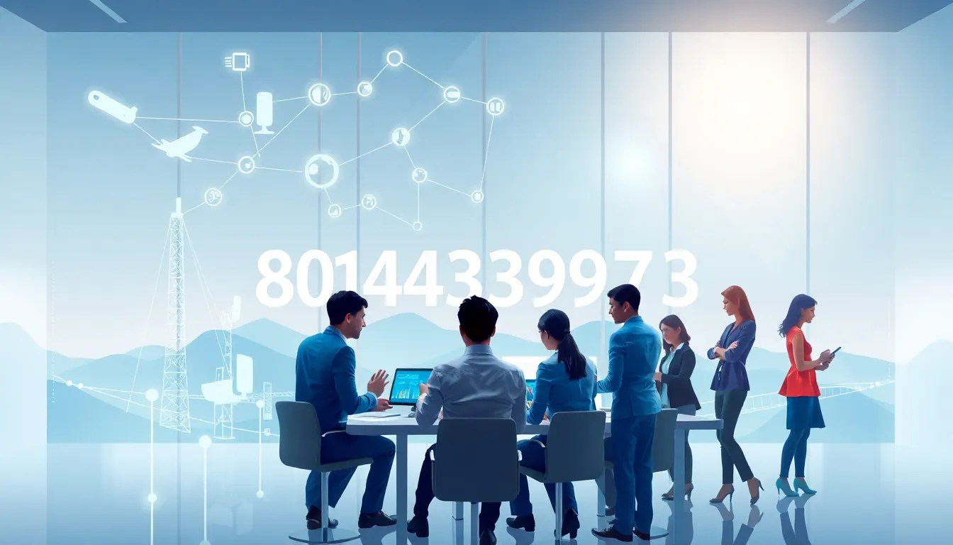 Modern office scene with professionals discussing telecommunications and data.