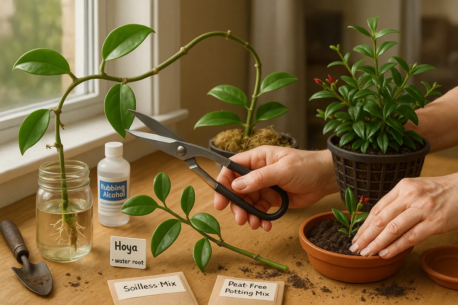 Hands propagating and repotting a Hoya and a Lipstick plant on a windowsill.