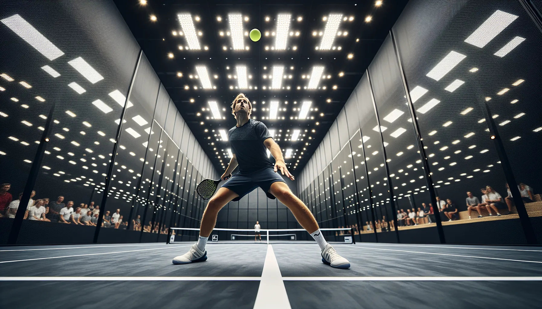 Player smashing a lob on a bright, high-ceiling indoor padel court in trondheim.