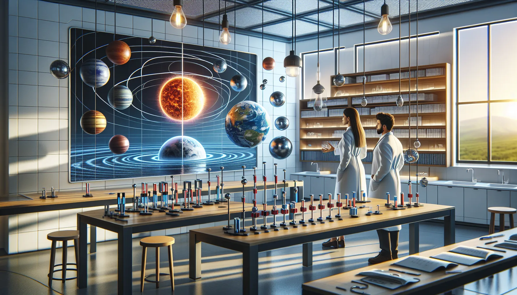 A laboratory setup illustrating gravity and magnetism through models and magnets.