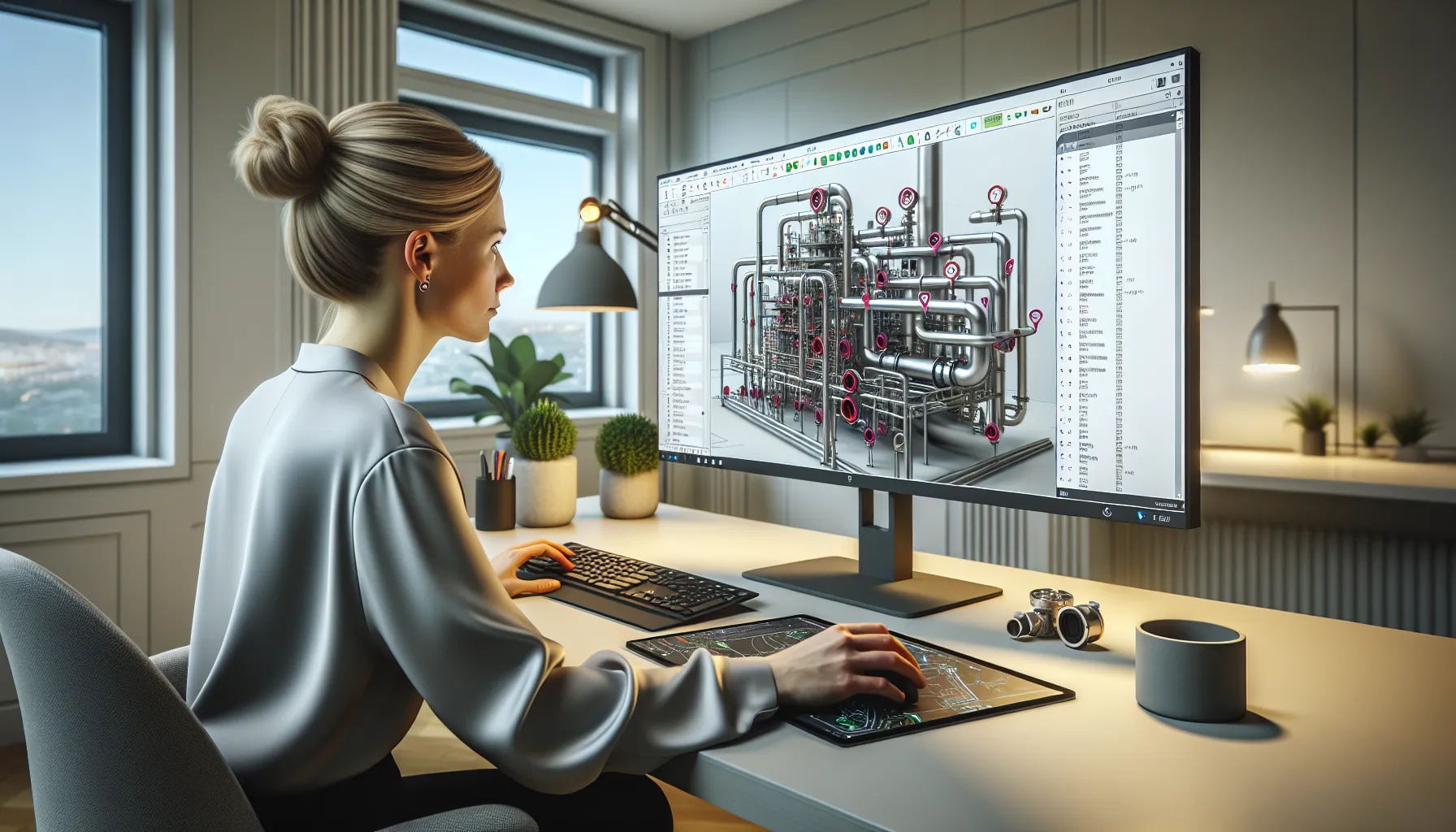 Norwegian engineer reviews bim piping model with p&id and ai compliance alerts.